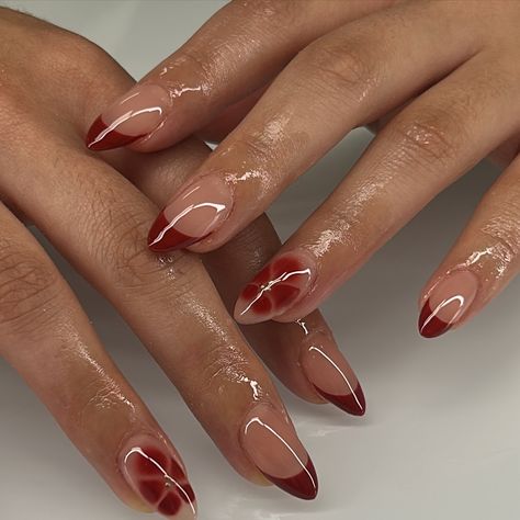 ♥️ @apresnailofficial in shade brickhouse - - - #gelx #nails #gelnails #fallnails Red Nail Almond Shape, Almond Blooming Gel Nails, Simple Blooming Gel Nails, Brown Blooming Gel Nails, Red Blooming Gel Nails, Short Ballerina Nails Designs, Sculpting Gel Nails, Cupid Nails, Blooming Gel Nails