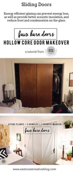 Sliding Doors. Creat Fixer Upper Style Bedroom, Hollow Core Door Makeover, Farmhouse Makeover, Bedroom Closet Doors, Door Makeover Diy, Closet Door Makeover, Hollow Core Doors, Sliding Closet, Sliding Closet Doors