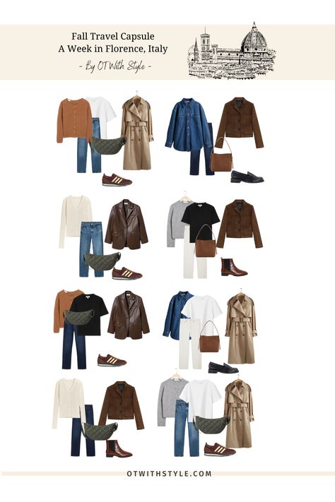 What to pack for a one-week trip to Florence and Tuscany this fall? Pack a travel capsule wardrobe in a classic casual style for a fall vacation in Italy with me. Travel Capsule Wardrobe Spain Fall, Fall Italy Travel Outfits Women, 54321 Packing Fall, What To Pack For Italy In October, Pack For Italy In September, What To Wear In Italy In October, Outfits For Italy In October, Italy Fall Outfits, Outfits For Rome