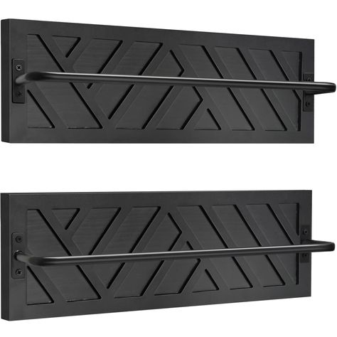 PRICES MAY VARY. 【Elegant Towel Racks for Bathroom Wall Mounted】Made from solid wood and metal bar, our set of 2 towel holder for bathroom wall is perfect for farmhouse bathroom decor and western decor. With exquisite carvings and black finishes, the minimalist wood wall hanging towel racks for bathroom offer a contemporary elegance. This hanging towel rack will add a touch of unique western bathroom decor charm to your space. 【Versatile Towel Holder for Small Bathroom】Our wall-mounted rustic wo Hanging Decorative Towels In Bathroom, Towel Storage Kitchen, Towel Rack Bathroom Hanging Ideas, All Black Bathroom, Wood Towel Holder, Modern Towel Rack, Towel Racks For Bathroom, Minimalist Small Bathrooms, Hang Towels In Bathroom