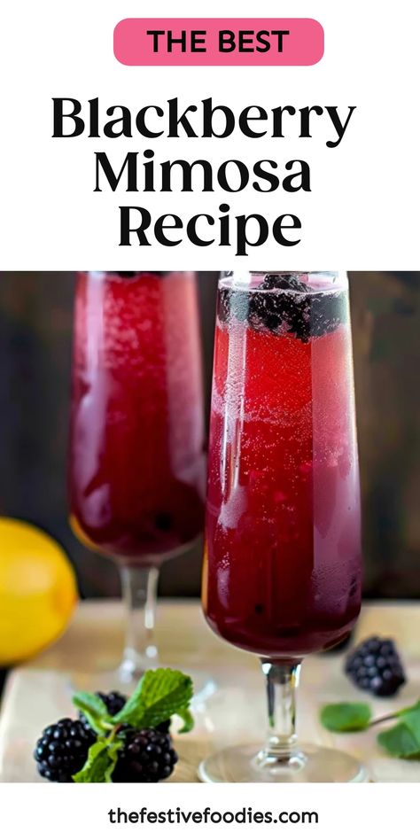 The Best Blackberry Mimosa Recipe with two glasses filled with layered red and dark purple mimosa, blackberries on top, against a blurry background with fresh ingredients. Mimosa Recipe Bar, Blackberry Mimosa Recipe, Mimosa Recipe With Prosecco, Champagne Mimosa Recipes, Cherry Mimosa Recipe, Sweet Mimosa Recipe, Different Mimosa Recipes, Champagne Batch Cocktail, Easy Cute Cocktails