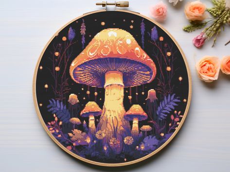 Counted Embroidery, Mushrooms Embroidery, Witchy Cross Stitch, Mushroom Cross Stitch, Bright Cross Stitch, Mushroom Embroidery, Fall Embroidery, Glowing Mushrooms, Cross Stitch Cross