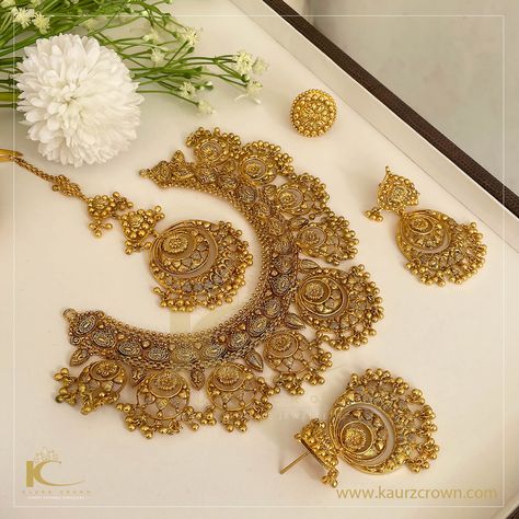 92.5 pure Silver 22 crt gold Plating not Real Gold Bridal Sets Indian Wedding Jewelry Gold, Gold Sets Jewelry Indian Design, Gold Design Jewellery, Gold Choker Necklace Designs, Wedding Necklace Designs, Bridal Jewelry Indian, Indian Gold Necklace Designs, China Country, Gold Jewelry Prom