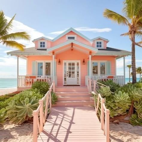 Beach House Curb Appeal, Coral Exterior House Colors, Pink Beach House Exterior, Coral House Exterior, Small Beach House Aesthetic, Cozy Beach House Exterior, Bright Exterior House Colors, Peach House Exterior, Beach House Exterior Tropical