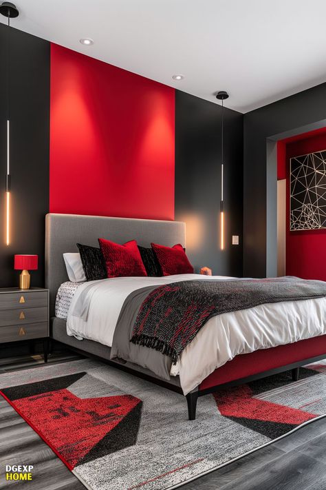 Modern red and black bedroom with bold red accent wall and minimalist lighting Black Modern Bedroom, Black And Grey Bedroom, Red Bedroom Decor, Modern Bedroom Ideas, Cozy Bedroom Design, White Bedroom Design, Unique Bedroom, White Bedroom Decor, Sophisticated Bedroom