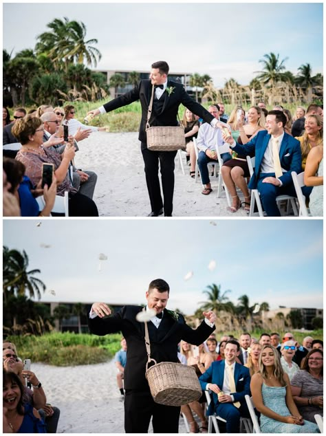 Flower man hands out rose petals and beer as he walks down the aisle in Florida beach wedding Flower Man At Wedding, Beer Guy At Wedding, Beer Flower Guy Wedding, Beer Guys Wedding, Beer Bearer Wedding, Flower Beer Man Wedding, Beer Boys For Wedding, Beer Guy Wedding, Beer Man Wedding