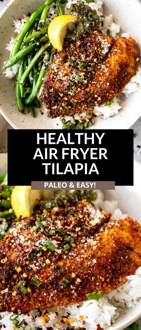 This simple parmesan crusted air fryer tilapia is a healthy and easy dinner. Serve this tilapia with rice and veggies for a healthy, paleo, gluten free and keto dinner that is ready in 20 minutes. Easy Tilapia Recipes Air Fryer, Tilapia Recipes With Rice, Keto Parmesan Crusted Tilapia, Parmesan Crusted Tilapia Air Fryer, Air Fried Tilapia Recipes, Tilapia In Air Fryer Recipe, White Fish Air Fryer, Healthy Fish Dinner Recipes Clean Eating, Tilapia Healthy Recipes