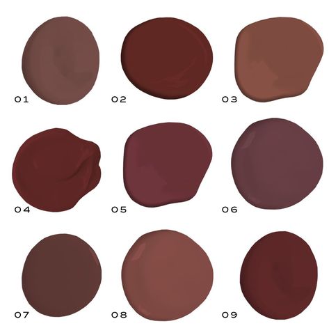 The 9 Best Oxblood Red Paint Colors: Beaujolais 1259 by Benjamin Moore, Cottage Red HC-184 by Benjamin Moore, Spiced Berry S150-6 by Behr, Sun Dried Tomato SW 7585 by Sherwin-Williams, Borscht SW 7578 by Sherwin-Williams, Preference Red No. 297 by Farrow & Ball, Cherry Cola S130-7 by Behr, Moroccan Ruby S140-6 by Behr and Self-Portrait by Backdrop Carriage Red Benjamin Moore, Cherry Red Paint Colors, Behr Cherry Cola, Farrow And Ball Red Paint, Best Aubergine Paint Color, Borscht Paint Color, Benjamin Moore Wine Paint Colors, Brownish Red Paint Colors, Behr Divine Wine