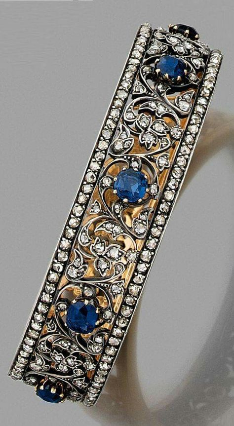 Delightful French rose gold sapphire & diamond bracelet circa 1895 Sapphire Bangle, Bijoux Art Deco, Blue Stone Bracelet, Diamond Bangles, Trending Bracelets, Antique Bracelets, Bangles Jewelry Designs, Diamond Jewelry Designs, Sapphire Bracelet