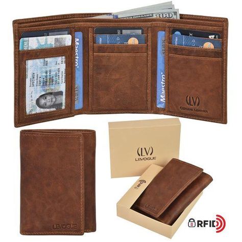 Genuine Leather Mens RFID Blocking Trifold Wallet with 7 Credit Card 1 ID Window 2 Note Compartments. * See this great product. (This is an affiliate link) #menleatherwallet Leather Trifold Wallet, Slim Leather Wallet, Rfid Blocking Wallet, Wallet For Men, Tan Cowhide, Rfid Wallet, Pocket Wallet, Leather Bifold Wallet, Minimalist Wallet