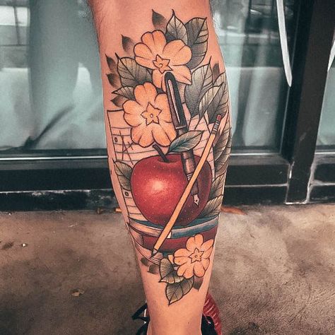 Teacher Tattoos For Women, Daycare Teacher Tattoo Ideas, Teacher Tattoo Ideas, Teaching Tattoos, Teacher Tattoo, Burning Hats, Teacher Tattoos, Apple Tattoo, Greek Goddess Of Wisdom