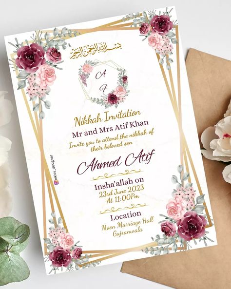 Wedding invitation 
Wedding card Pakistani Wedding Cards, Nikah Certificate, Wedding Invitations Card, Empty Notebook, Page Wedding, Jumma Mubarik, Muslim Wedding Cards, Muslim Wedding Invitations, Bridal Jewelry Sets Brides