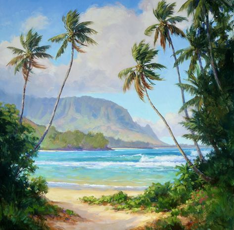 Trail to the Bay by Jenifer Prince, Oil, 24 x 24 Jenifer Prince, Hawaii Painting, Tropical Painting, Hawaii Art, Palm Trees Painting, Prince Art, Hawaiian Art, Landscape Design Plans, Tropical Art