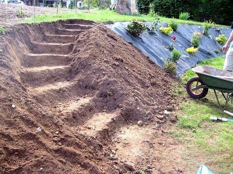 Constructing curved stairs on hillside Curved Stairs, Sloped Backyard Landscaping, Landscaping On A Hill, Sloped Yard, Hillside Garden, Sloped Backyard, Garden Stairs, Hillside Landscaping, Sloped Garden