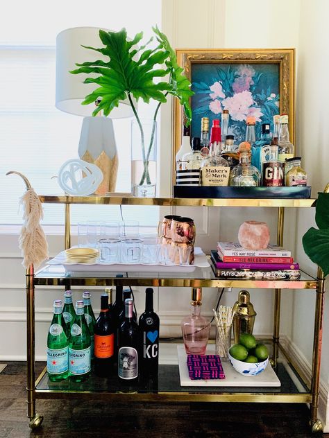 Bar Cart Styling With Lamp, Wine Bar Cart Styling, Glam Bar Cart Styling, Taylor Swift Bar Cart, Dining Room With Bar Cart, Bar Cart Tray, Bamboo Bar Cart, Summer Bar Cart Styling, Styling A Bar Cart