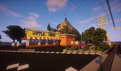 Minecraft Fast Food, Fast Food Ideas, Usa City, Waffle House, Minecraft Map, Cave House, Usa Cities, Minecraft Inspo, Minecraft Designs