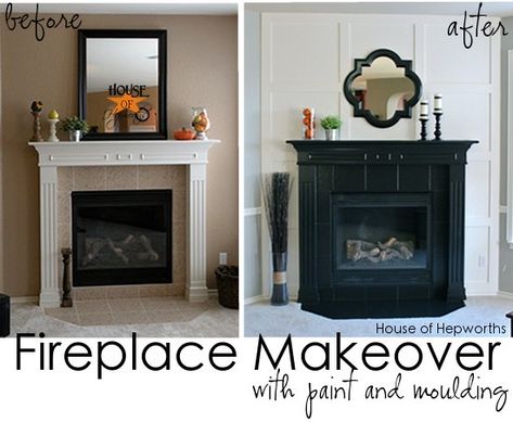 A dramatic fireplace makeover {white moulding & black mantel} - House of Hepworths Fireplace Makeover White, Black Fireplace Mantel, Dramatic Fireplace, Mantle Makeover, Sw Alabaster, White Moulding, Black Mantle, Fireplace Inspiration, Black Molding