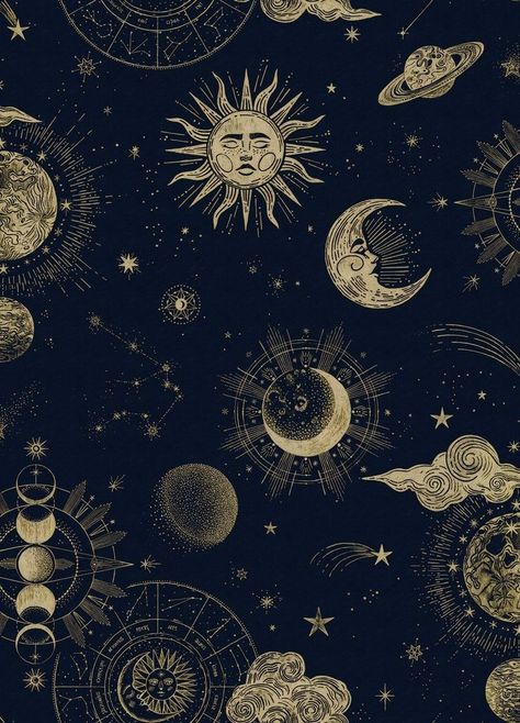 Mystic Wallpaper, Bild Gold, Funky Wallpaper, Door Mural, Dark Blue Wallpaper, Sun Moon And Stars, Arte Van Gogh, Print Design Art, Witchy Wallpaper