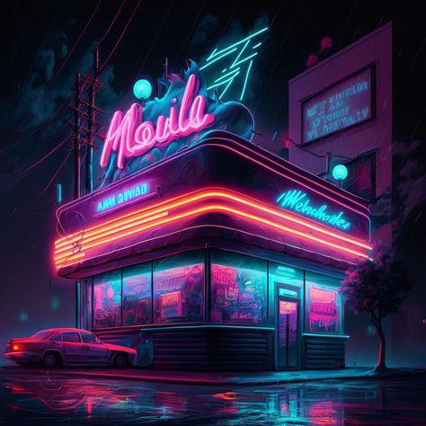 Neon Concept Art, Cyberpunk Restaurant, Vaporwave City, Neon Cyberpunk Aesthetic, Cyberpunk Building, Futuristic Concept Art, Scifi Environment, Neon Cyberpunk, Pub Design