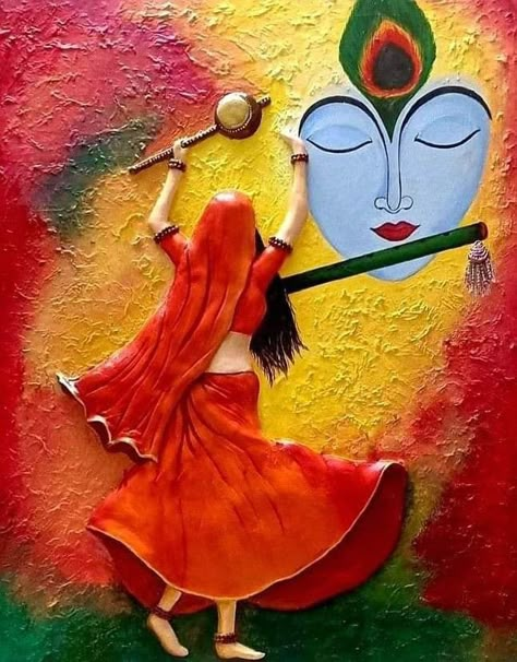 Meera Bai Paintings Easy, Clay Mural Art On Canvas, Radha Krishna Modern Art Paintings, Mouldit Art Ideas On Canvas, Meera Painting, Art With Leaves, Radha Krishna Modern Art, Modern Art Canvas, Boho Art Drawings