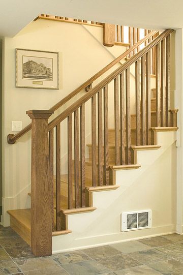 Basement Stairway Ideas, Craftsman Stairs, U Shaped Stairs, Banister Remodel, Craftsman Staircase, Basement Stairway, Basement Stairs Ideas, Open Stairs, Stair Ideas