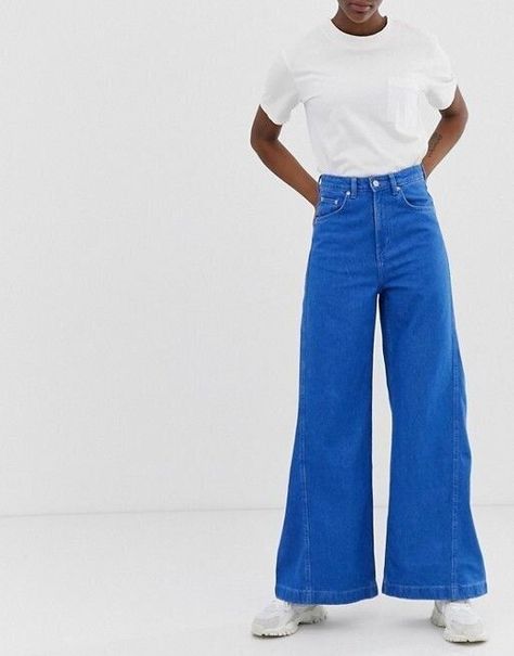 How To Wear The 'Weird Jeans' You Keep Seeing All Over The Internet | HuffPost Life Clear Jeans, Super Wide Leg Jeans, Bright Blue Pants, Asos Outfit, Bright Blue Jeans, Released Hem Jeans, Cropped Denim Pants, Smart Casual Dress, Blue Jean Outfits