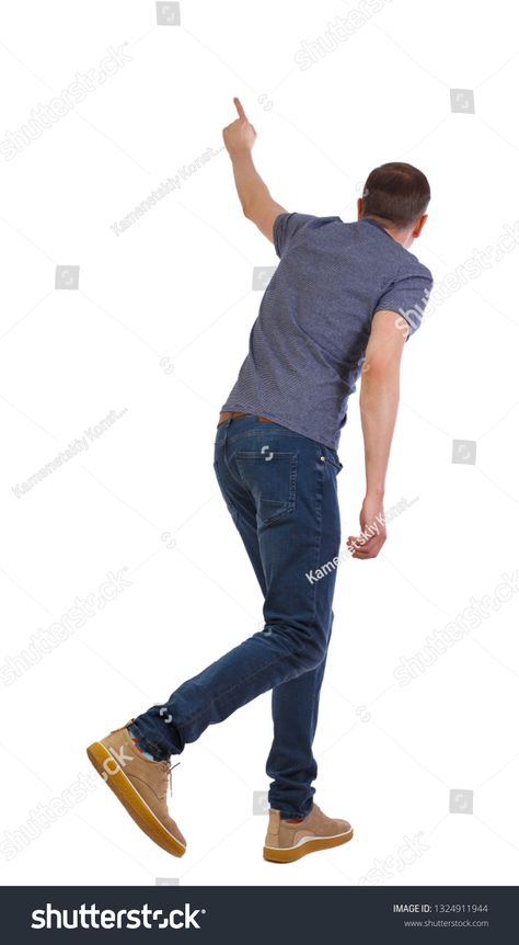 Back view of a man running and pointing his hand. walking young guy . Rear view people collection.  Isolated over white background. The guy crouched in horror runs showing up with his hand. #Ad , #AFFILIATE, #young#walking#Rear#guy Man Running Reference, Pointing Pose, People Base, Guy Running, Guy Walking, Gesture Poses, Running Drawing, Worms Eye View, Person Running