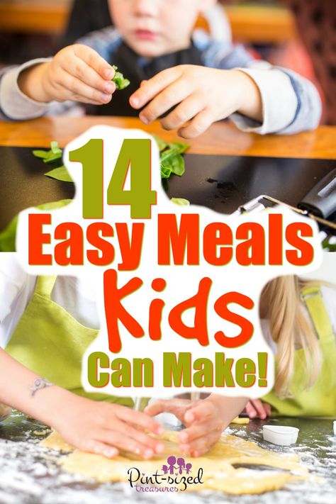 14 Easy meals kids can learn NOW! Plus, simple kitchen tips and cooking skills that kids can learn as they create fun, new recipes! Meals Kids Can Make, Recipes Kids Can Make, Fun Meals, Kid Chef, Kids Cooking Recipes, Easy Meals For Kids, Fun Dinners, Kids Recipes, Dinners For Kids