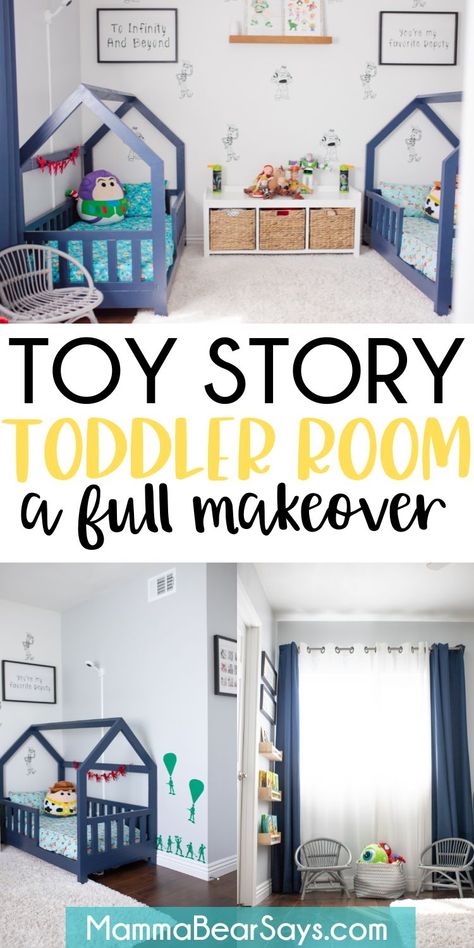 Toddler Toy Story Room, Twin Boy Toddler Room, Modern Toy Story Room, Twin And Toddler Bed Shared Room, Toy Story Boys Room, Shared Boys Room Toddler, Disney Boy Room, Toy Story Toddler Room, Toy Story Room Ideas For Boys