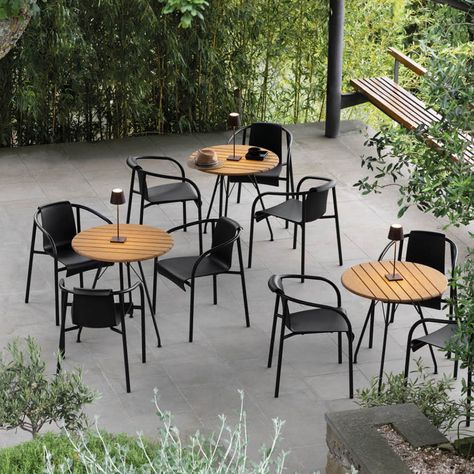 The CIRCUM Café table makes a perfect setting together with any HOUE dining chair at the smaller terrace or balcony – or at the café. The bamboo tabletop is pre-oiled and is a great weather proof option over teak. A beautiful option for both homes, restaurants and other commercial uses. Contract GradeIn StockUV resistant - Indoor / Outdoor SPECSScale: 29''w x 29''hTop: Bamboo lamellas or Powder coated black aluminumBase: Powder coated metal with zinc rich primerAssembly: Yes (Base only) Outdoor Seating Cafe, Cafe Chairs And Tables, Restaurants Outdoor Seating, Natural Place, Gallery Cafe, Cafe Seating, Plastic Trash, Front Porch Design, Porch Makeover