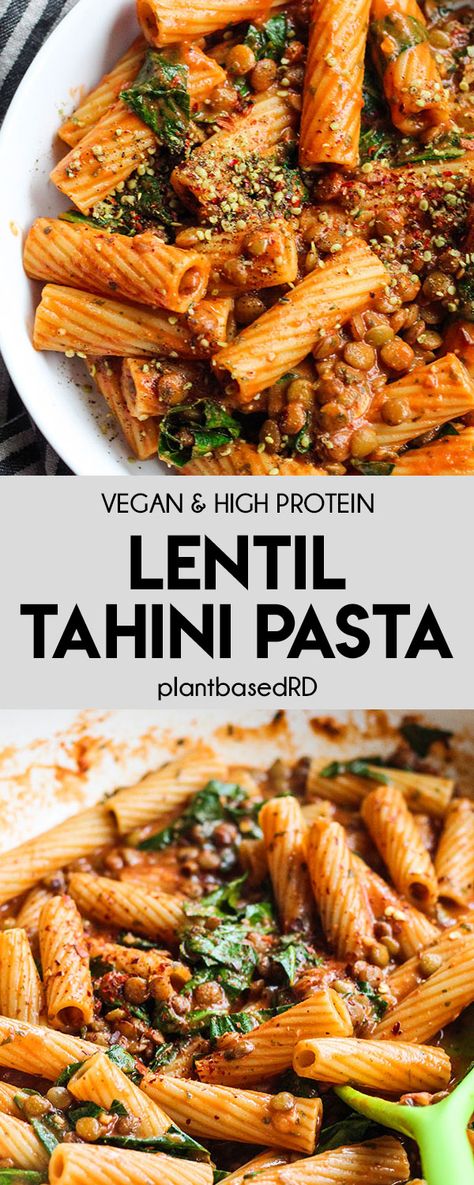 This lentil tahini pasta is all parts vegan, high protein and the perfect amount of creaminess. Super easy to put together and uses pantry items you might already have! #plantprotein #lentils #pastarecipes High Protein Vegan Pasta Recipes, Vegan Protein Pasta Recipes, High Protein Vegan Lentil Recipes, Meal Prep Vegetarian High Protein, Vegan Rigatoni Pasta Recipes, Vegan Lunch Ideas High Protein, Easy Meal Prep Ideas Pescatarian, Vegan Pasta Meal, Tahini Pasta Recipe