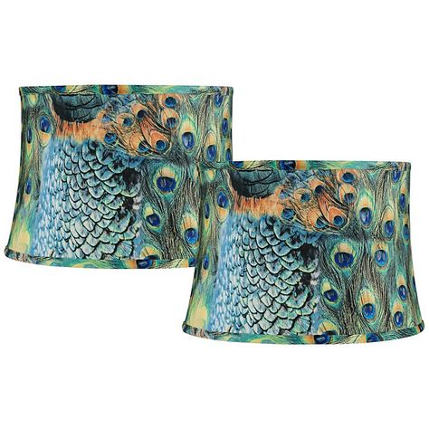 Set of 2 Peacock Print Drum Lamp Shades 14x16x11 (Spider) Peacock Eye Makeup, Peacock Bedroom, Peacock Bedding, Peacock Lamp, Peacock Feather Pattern, Colorful Peacock, Blue Lamp Shade, Peacock Decor, Drum Lamp