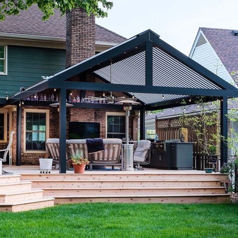 Pitched Pergola Attached To House, Outside Patio Cover Ideas, Enclosed Pergola Attached To House, Extended Pergola Patio, A Frame Pergola Attached To House, Peaked Pergola, Pergola Connected To House, Covered Porch Addition Backyards, Covered Patio Design Attached To House