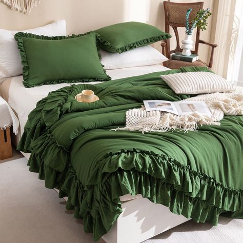 PRICES MAY VARY. 【Ultra Soft Material】Masaca french country shabby farmhouse bedding Comforter Set is with latest stone washed process craft,ultra softer touch feeling than other similar items.Comfy and fluffy for all seasons. 【Farmhouse Ruffle Style】Masaca army green/dark green/olive green preppy ruffle ruffled king bedding set is with 2-layer HANDMADE ruffle hems and solid green bedding color,this farmhouse shabby vintage chic ruffle king bed set will help you build an elegant house that full Green Comforter Sets, Boho Chic Bedding, Chic Bedding Sets, Ruffle Comforter, Green Bedding Set, Queen Size Comforter Sets, Fluffy Comforter, Green Comforter, Queen Size Comforter