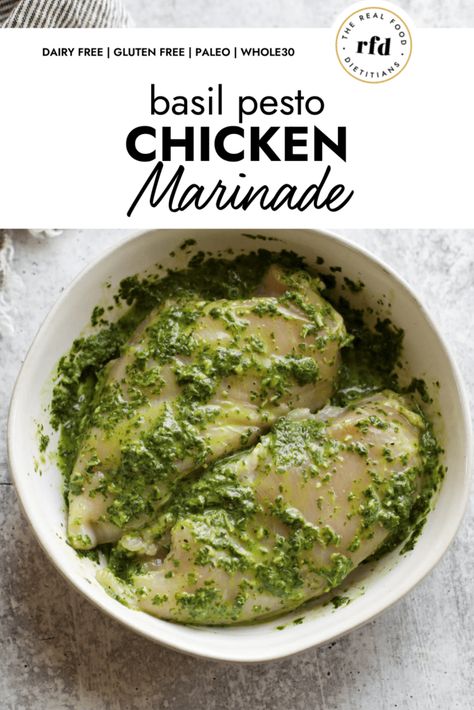 Love pesto? Want to elevated your chicken dinner? Here we'll walk you through the simple steps to make a homemade Pesto Chicken Marinade, including suggested marinating times, and several ways to cook your marinated pesto chicken for a perfectly flavorful and fresh dinner. Gluten-free, Whole30, Paleo friendly! Pesto Chicken Marinade, Basil Pesto Chicken, Yogurt Marinated Chicken, Dairy Free Pesto, Chicken Pesto Recipes, Marinated Chicken Recipes, Red Pesto, Marinating Chicken Breast, Chicken Marinade Recipes