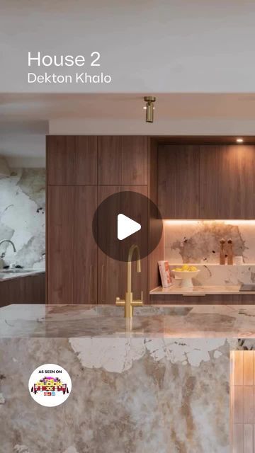 Cosentino Australia on Instagram: "A warm and inviting space created by House 2 using Dekton Khalo.
This kitchen was described as “next level and divine” and we happen to agree.
 
The Dekton Khalo island bench feature alongside the walnut cabinetry and brushed brass handles and tapware creates a kitchen that exudes luxury and mediterranean style.
 
Fabricator: @linkstone.au
 
@theblock
@theblockshop 
@courtneyandgrant
@kinsmangroup 
@abiinteriors 
@hafelehome
 
#Cosentino #Dekton #DektonbyCosentino #TheBlock" Dekton Khalo Kitchen, Cosentino Dekton Kitchens, Dekton Onirika, Dekton Kitchen, Cosentino Dekton, Island Bench, Work Inspiration, Mediterranean Style, House 2