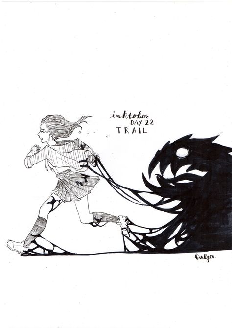 Fear Draw Illustration, Inktober Art Ideas, Running After Someone Drawing, Monster Ink Drawing, Scary Shadow Drawing, Ponytail Inktober, Girl Running Drawing, Shadow People Art, Breaking Free Art