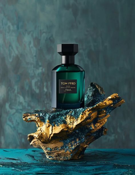 Midjourney AI Image: A bottle of "TOM F_excel." Tom Ford's NEROLI portofino Eau de parfum stands on an abstract metallic ... → more in ai-img-gen.com Parfum Photography Ideas, Unique Product Photography, Luxury Perfume Aesthetic, Amazon Aesthetic, Green Perfume, Tom Ford Neroli Portofino, Fragrance Photography, Cologne Bottle, Color Design Inspiration