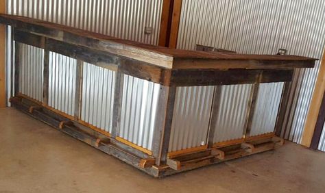 Out door or barn bar made out of old fence boards with new tin panels Old Barn Door Ideas, Barn Bar, Ceilings Ideas, Old Fence Boards, Tin Bar, Bathtub Surround, Barn Door Ideas, Moroccan Ceiling, Bar Plans