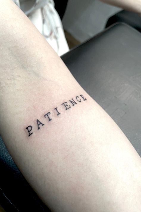 Tattoo word patience on inner forearm Patience Tattoo Design, Patience Tattoo Fonts, Patience Tattoo Ideas, Patience Tattoo, Piercing And Tattoo, Men Tattoo Ideas, Tricep Tattoos, Small Snake Tattoo, Forever Tattoo