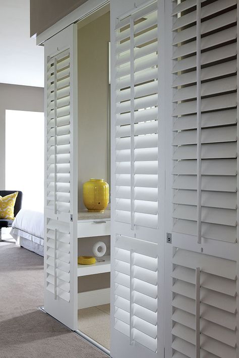 Here are five clever ways to use shutters inside your home beyond the obvious window treatments. To start, imagine you had a space – any space…1. A dining room, lounge or playroom area that is ever so big. If you want to maximise the space – leave the shutters open, looking elegant and stylish... Shutters For Sliding Glass Doors, Shutters Inside, Shutter Wall, Industrial Style Bathroom, Door Inspiration, Divider Wall, Modern Door, Folding Doors, Bathroom Styling