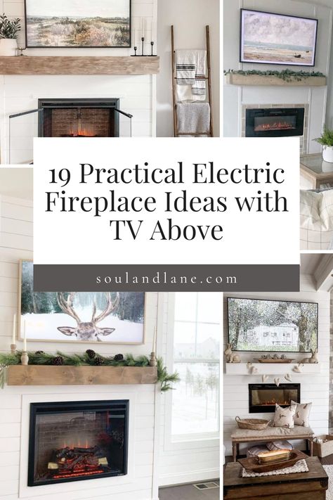 Enhance your home's coziness and style with electric fireplace ideas that seamlessly integrate a television above. This guide provides innovative and tasteful designs to help you combine these two focal points in a harmonious and space-saving way. Ideal for creating a sophisticated entertainment area that doubles as a warm gathering spot. Fireplace Mantle For Electric Fireplace, Frame In Electric Fireplace, Electric Fireplace Mantels Ideas, Indoor Electric Fireplace Ideas, Tv Wall With Electric Fireplace Living Rooms, How To Make An Electric Fireplace Look Built In, Living Room Tv Wall With Electric Fireplace, Electric Fireplace Brick Surround, How To Make A Free Standing Fireplace Look Built In