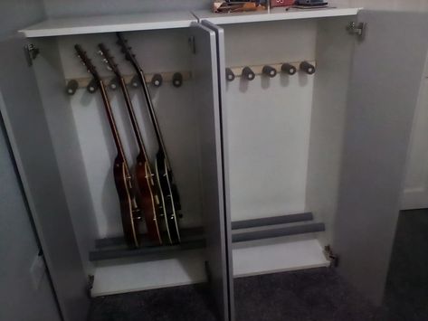 Guitar Closet Storage, Ikea Guitar Storage, Musical Instrument Storage, Guitar Wardrobe, Slanted Ceiling Storage, Closet Repurpose, Guitar Organization, Guitar Storage Cabinet, Guitar Closet