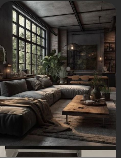 Masculine Aesthetic Interior Design, Dark Eccentric Living Room, Charcoal Home Decor, Dark French Interior, Black And Copper Home Decor, Vintage Loft Decor, Moody Modern House Exterior, Dark Forest Aesthetic Living Room, Living Room Aesthetic Vintage Dark