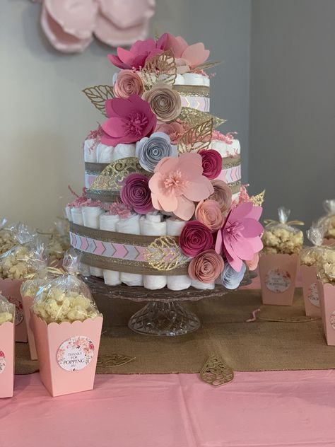 Flower Diaper Cake Ideas, Baby Shower Diaper Cake For Girl, Floral Diaper Cake, Wildflower Diaper Cake, Baby Girl Diaper Cake Ideas, Baby In Bloom Diaper Cake, Diaper Arrangements, Diaper Cakes For Baby Girl, Girl Diaper Cakes