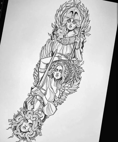 Athena Medusa, Greek Goddess Tattoo, Samurai Tattoo Sleeve, Athena Tattoo, Mangas Tattoo, Female Warrior Tattoo, Greek Mythology Tattoos, Full Arm Tattoos, Goddess Of Victory