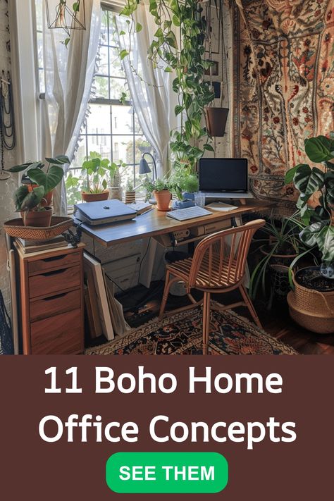 Discover 11 inspiring bohemian home office concepts to elevate your workspace! Bring a touch of creativity and comfort into your work environment with these unique ideas. Whether you prefer earthy hues, natural textures, or eclectic decor, there's something for every boho style. From cozy nooks to vibrant accents, these concepts will help you create a productive and inspiring home office space that reflects your personality. Embrace the free-spirited energy of bohemian design in your workspace t Rustic Boho Office, Eclectic Study Room, Boho Home Office Inspiration, Small Boho Office Ideas, Boho Desk Organization, Bohemian Home Office Decor, Whimsical Office Decor, Bohemian Office Decor Ideas, Bohemian Home Office Ideas