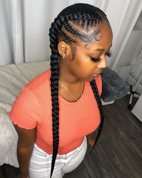 Wig Maker & Braid Slayer on Instagram: “2 Feed-In Braids with designs 😍 Another quick quarantine style using just one pack of braiding hair.” Simple 2 Braids For Black Women, 3 Big Braids For Black Women, 5 French Braids Black Hair, Two French Braids With Weave Black Women, Hairstyles For Black Women 2 Braids, French Braided Hairstyles For Black Hair, Duchess Braids Black Women, Two Cornrows Braids For Black Women Natural Hair, Braided French Braids Black Hair