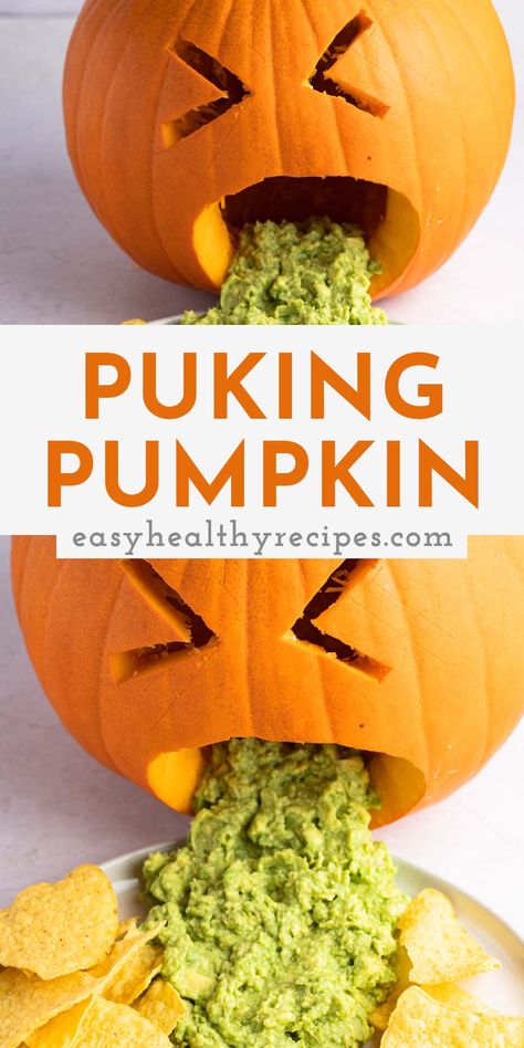 Pumpkin Puking Guacamole, Throw Up Pumpkin Carving, Pumpkin With Guacamole, Halloween Guacamole Pumpkin, Pumpkin Throwing Up Dip, Pumpkin Guacamole Vomit, Halloween Snack Table, Halloween Guacamole, Taco Dip With Ground Beef