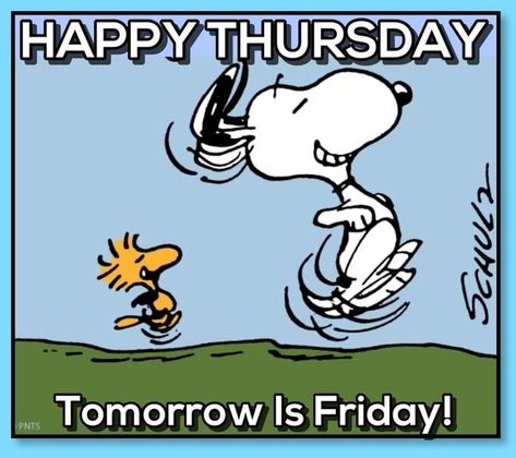 Snoopy Thursday, Snoopy Happy Dance, Snoopy Hug, Tomorrow Is Friday, Charlie Brown Quotes, Thursday Humor, Good Morning Snoopy, Happy Thursday Quotes, Good Morning Thursday